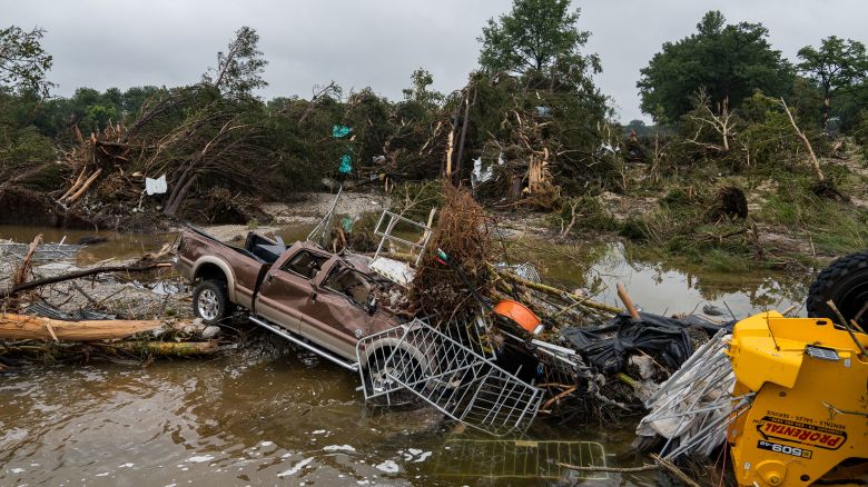 KERRVILLE, TEXAS - JULY 05: Flood waters left debris including vehicles and equipment scattered in Louise Hays Park on July 5, 2025 in Kerrville, Texas. Heavy rainfall caused flooding along the Guadalupe River in central Texas with multiple fatalities reported. (Photo by Eric Vryn/Getty Images)
