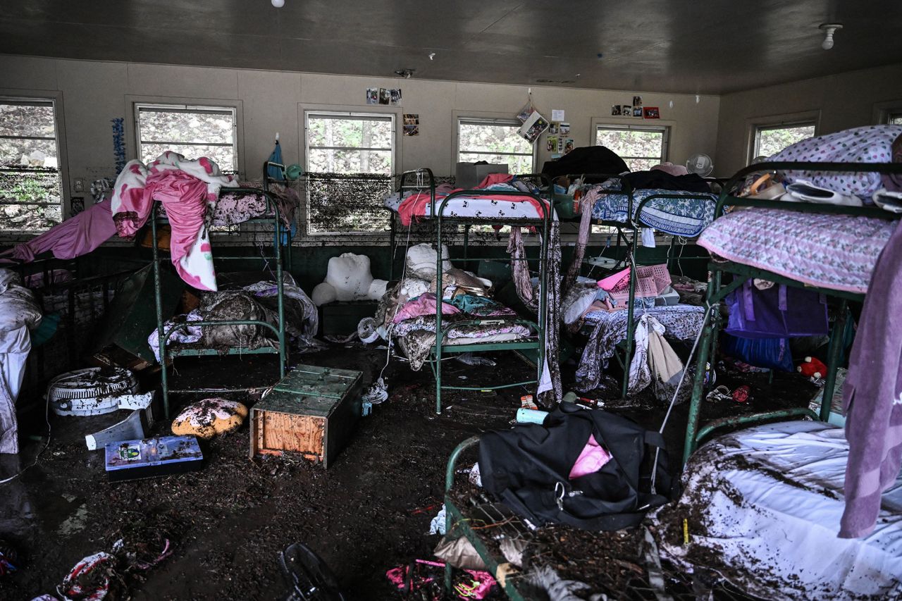 A view inside a cabin at Camp Mystic in Hunt, Texas, after flash flooding on Saturday.