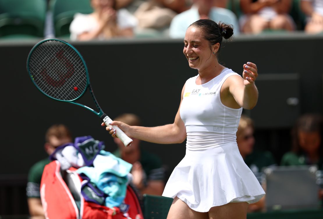 Elisabetta Cocciaretto of Italy celebrates after winning her opening-round match against Jessica Pegula.