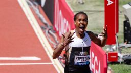 Faith Kipyegon reacts after winning the women's 1500m and setting a new world record.