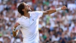 LONDON, ENGLAND - JULY 01: Arthur Rinderknech of France celebrates his victory against Alexander Zverev of Germany during the Gentleman's Singles First Round match on day one of The Championships Wimbledon 2025 at All England Lawn Tennis and Croquet Club on June 30, 2025 in London, England. (Photo by Hannah Peters/Getty Images)