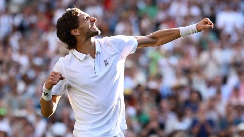 LONDON, ENGLAND - JULY 01: Arthur Rinderknech of France celebrates his victory against Alexander Zverev of Germany during the Gentleman's Singles First Round match on day one of The Championships Wimbledon 2025 at All England Lawn Tennis and Croquet Club on June 30, 2025 in London, England. (Photo by Hannah Peters/Getty Images)