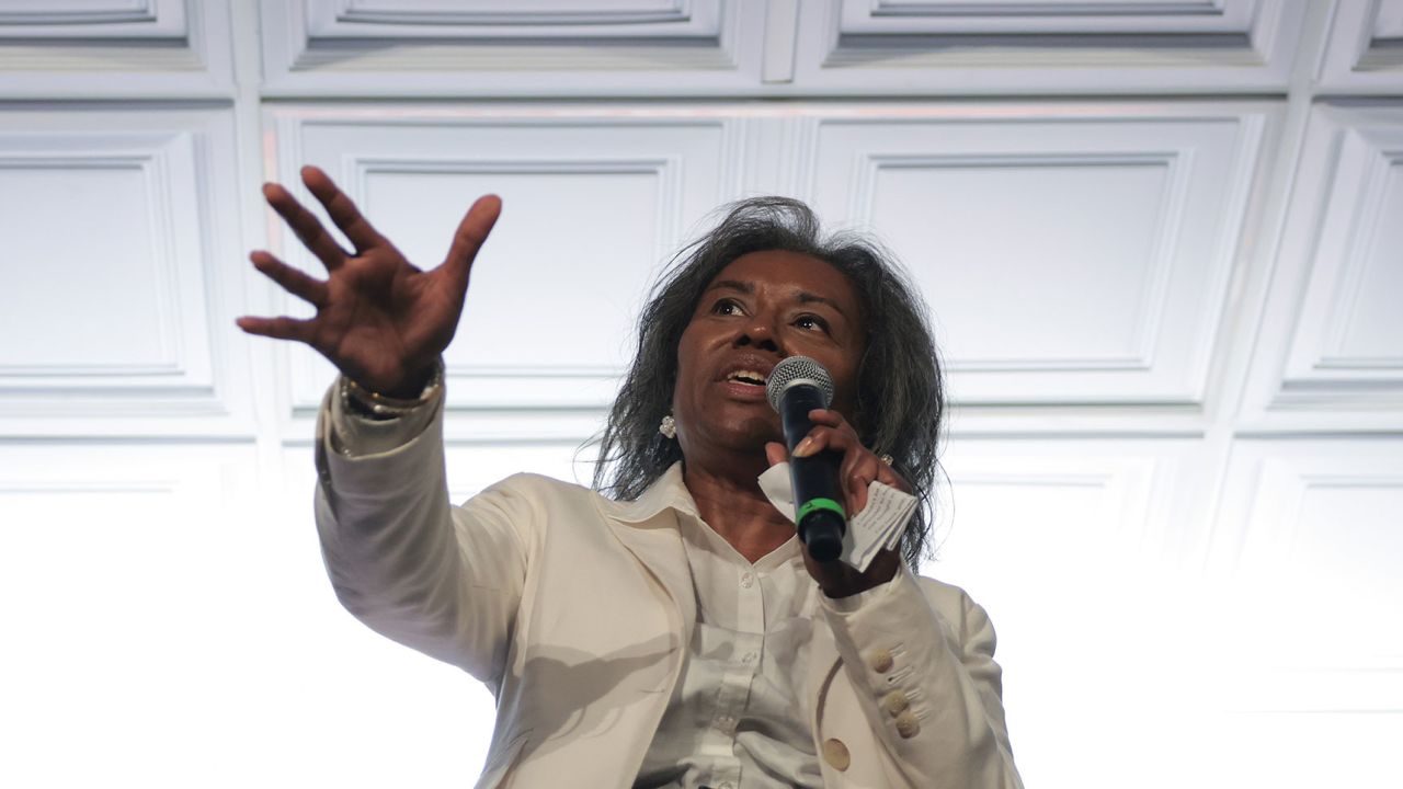 Republican Virginia gubernatorial candidate Winsome Earle-Sears speaks during a campaign event at the Vienna Volunteer Fire Department in Vienna, Virginia, on July 1.