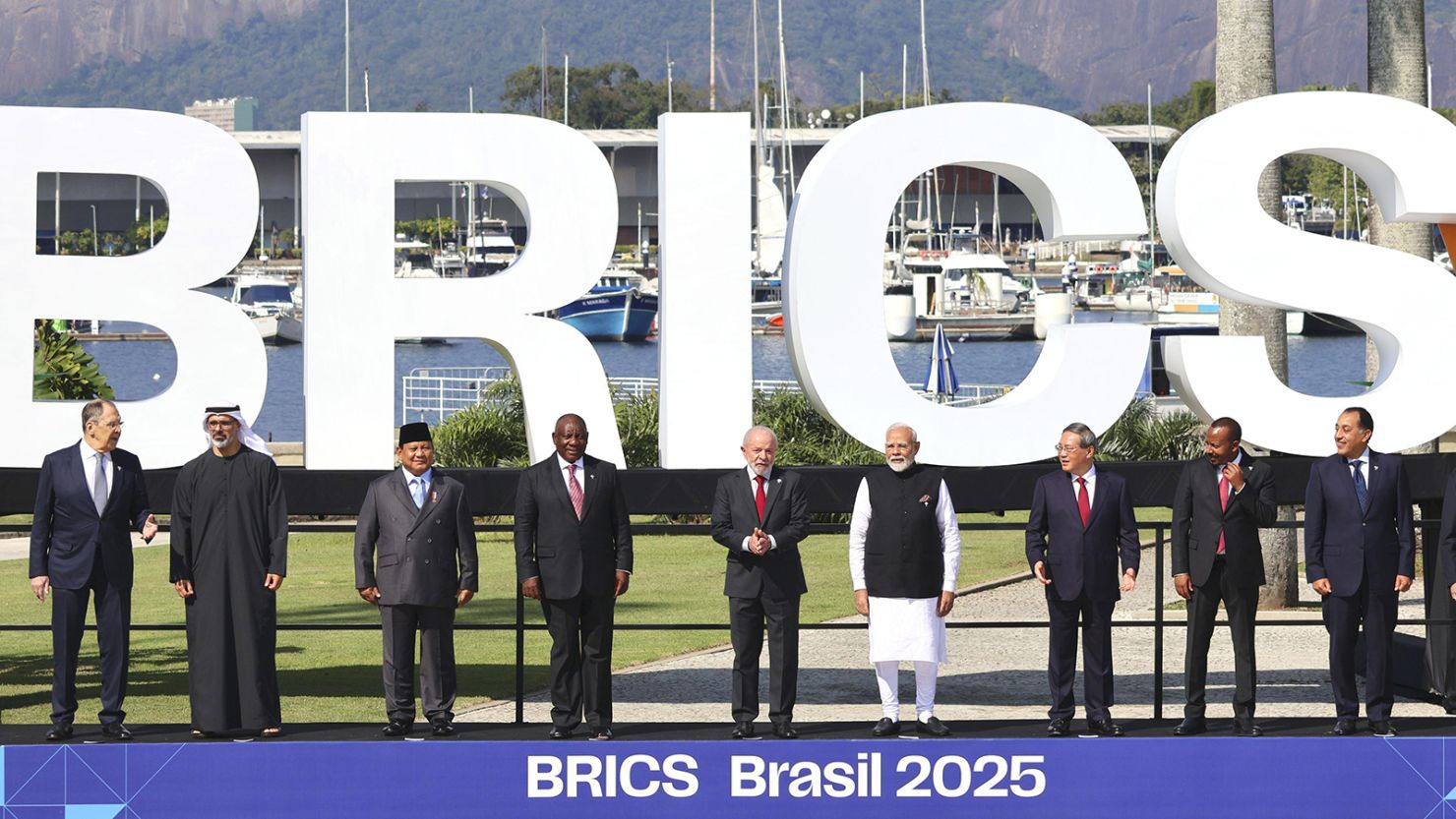 Leaders take part in a photo session for the annual BRICS summit in Rio de Janeiro on July 6, 2025.