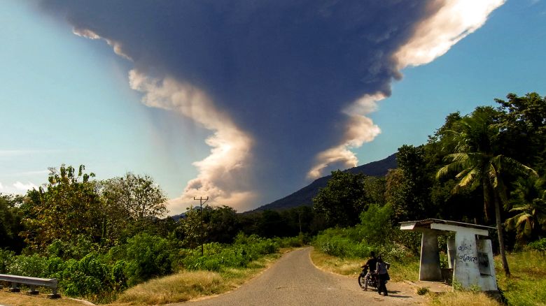 Mount Lewotobi Laki-laki erupts, as seen from Nangahale village in Sikka, East Nusa Tenggara on July 7, 2025.