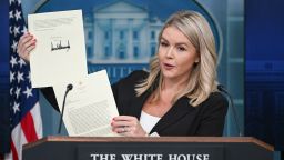 White House press secretary Karoline Leavitt holds a letter from President Donald Trump addressed to South Korean President Lee Jae-myung informing him of higher tariffs his country's goods could face come August 1.