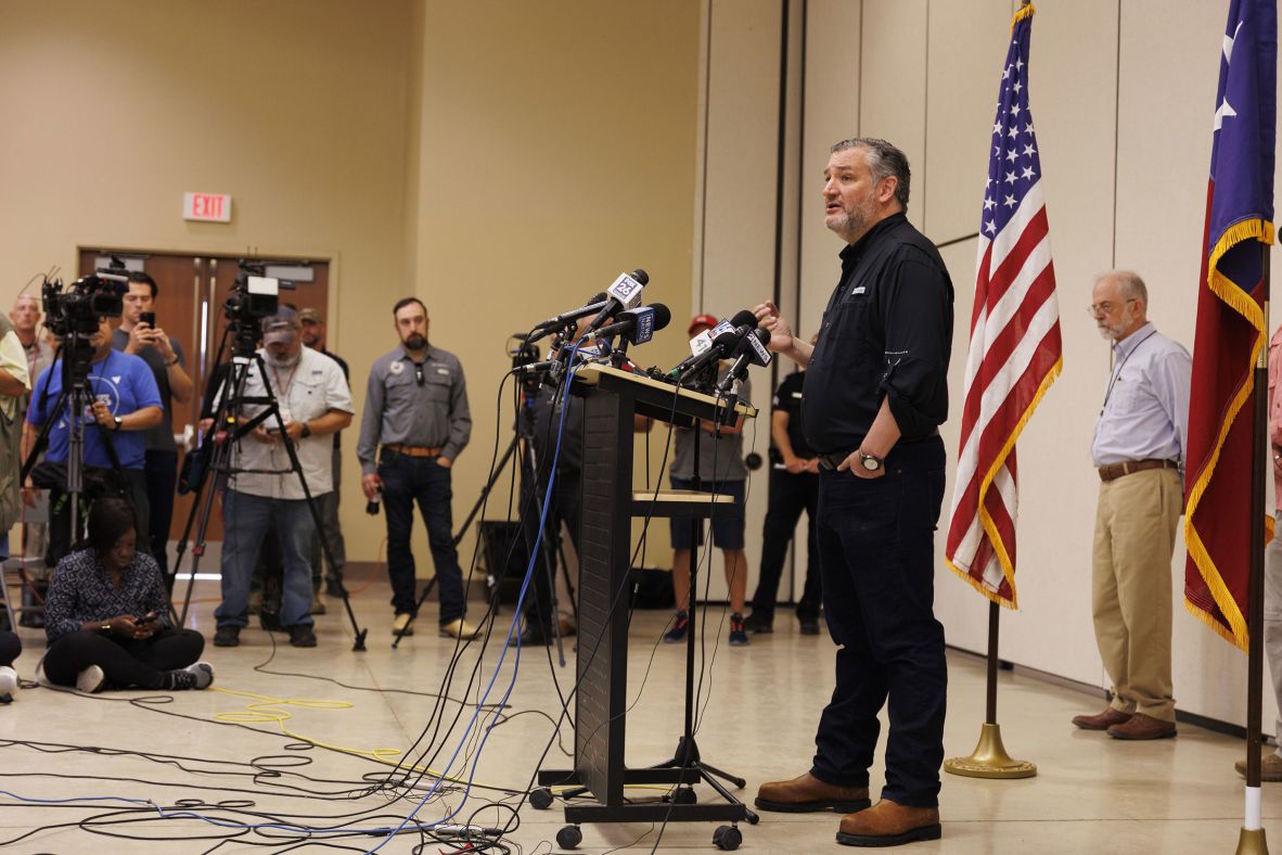 Sen. Ted Cruz speaks at a news conference in Kerrville, Texas, on Monday. “If we could go back and do it again, we would evacuate,” the Texas Republican said. “Particularly those in the most vulnerable areas — the young children in the cabins closest to the water — we would remove them and get them to higher ground, if we could go back and do it again.”