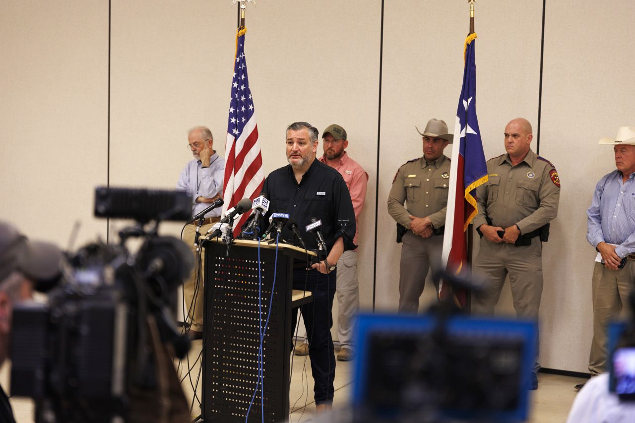 U.S. Senator Ted Cruz speaks at a news briefing in Texas' Hill Country near the Guadalupe River in Kerrville, Texas, on Monday.