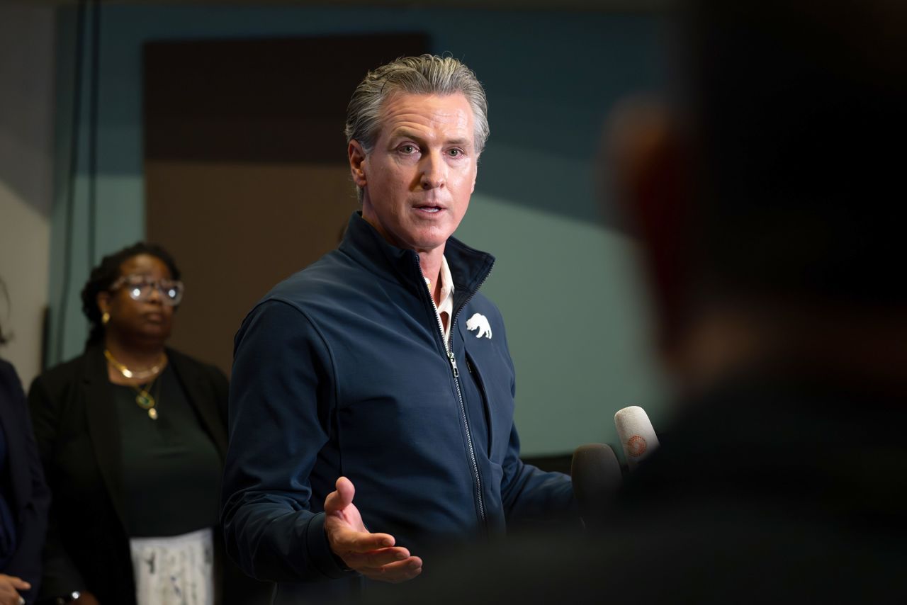 California governor Gavin Newsom speaks at Pasadena City College on Monday.