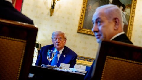 Israeli Prime Minister Benjamin Netanyahu and President Donald Trump speak during a dinner in the Blue Room of the White House on July 7 in Washington, DC.