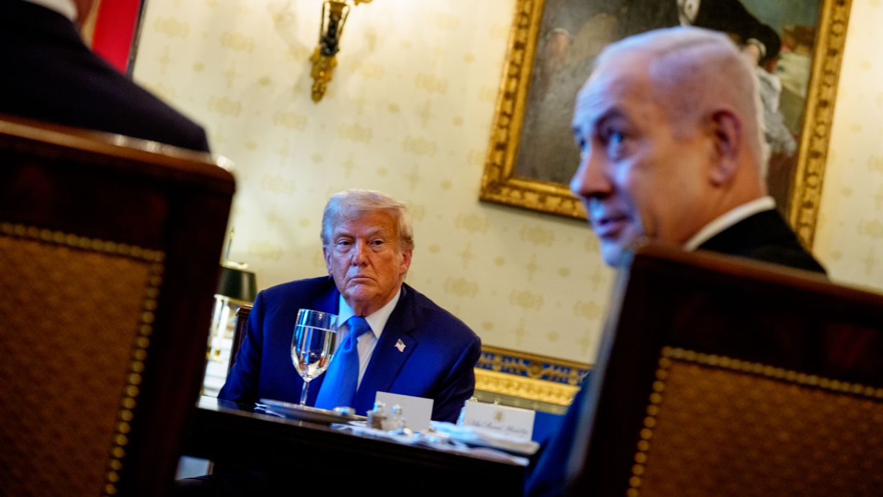 Israeli Prime Minister Benjamin Netanyahu and President Donald Trump speak during a dinner in the Blue Room of the White House on July 7 in Washington, DC.