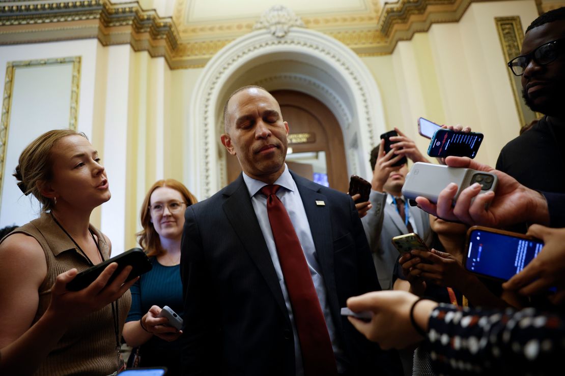 House Minority Leader Hakeem Jeffries speaks to reporters after speaking for 8 hours and 45 minutes during the House's debate on the bill.