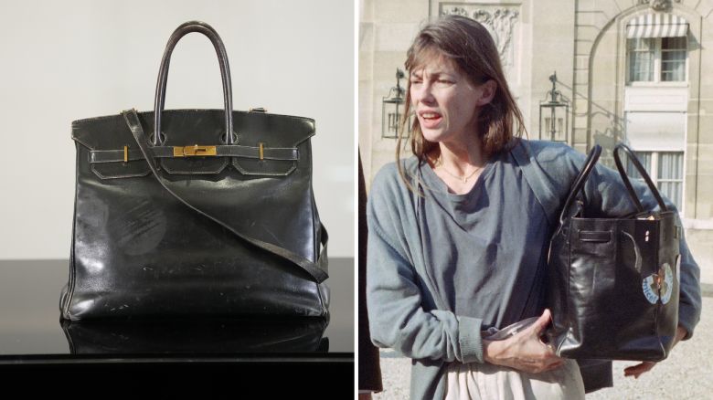 PARIS, FRANCE - JULY 03: A close-up of Jane Birkin’s original black leather Hermès Birkin bag, showing visible wear, softened structure, scuffed corners and oxidized gold-tone hardware, including a long shoulder strap looped around the handles. The iconic handbag, used extensively by the late singer and actress, is set to be auctioned by Sotheby’s on July 10. Photographed at Sotheby's on July 03, 2025 in Paris, France. (Photo by Edward Berthelot/Getty Images)<br />French director Bertrand Tavernier and French actress and singer Jane Birkin arrive at the Elysée Palace where they are received by the President of the Republic François Mitterrand before the 43rd Cannes Film Festival, on May 9, 1990. (Photo by Gilles LEIMDORFER / AFP) (Photo by GILLES LEIMDORFER/AFP via Getty Images)