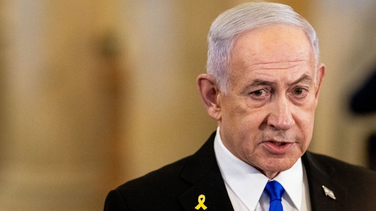 Benjamin Netanyahu, Israel's prime minister, speaks to reporters at the US Capitol in Washington, DC, on July 8, 2025.