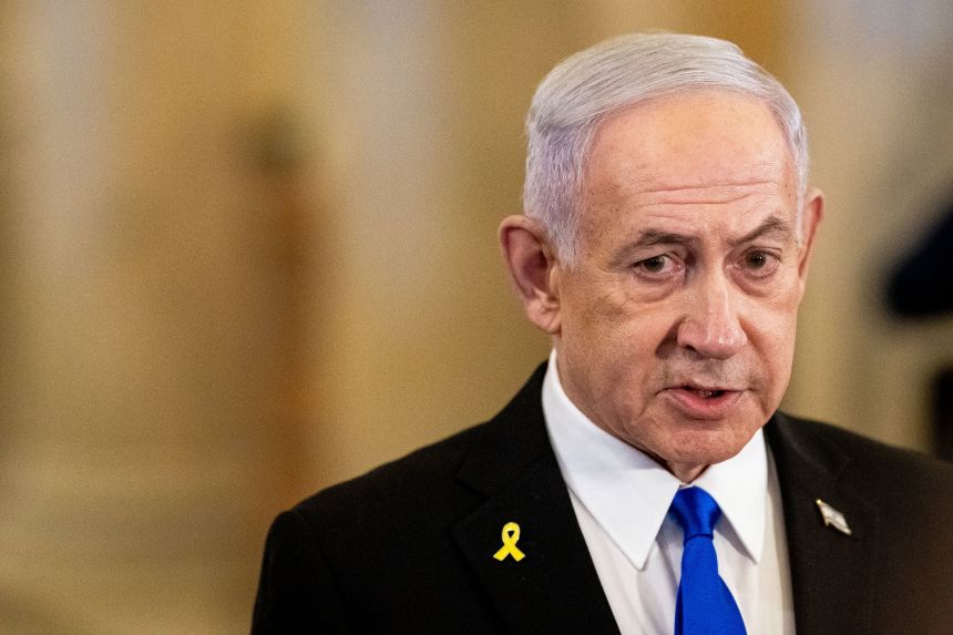 Benjamin Netanyahu, Israel's prime minister, speaks to reporters at the US Capitol in Washington, DC, on July 8, 2025.