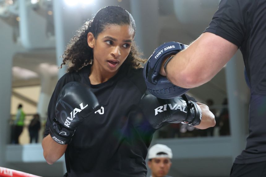 Ramla Ali works out for fans and media at The Oculus at Westfield World Trade Center on July 8, 2025 in New York City.
