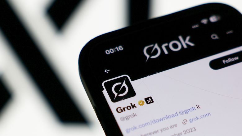 The xAI logo and Grok account on X displayed on a phone screen in a illustration photo taken in London on July 9. XAI apologized Saturday for antisemitic social media posts this week.