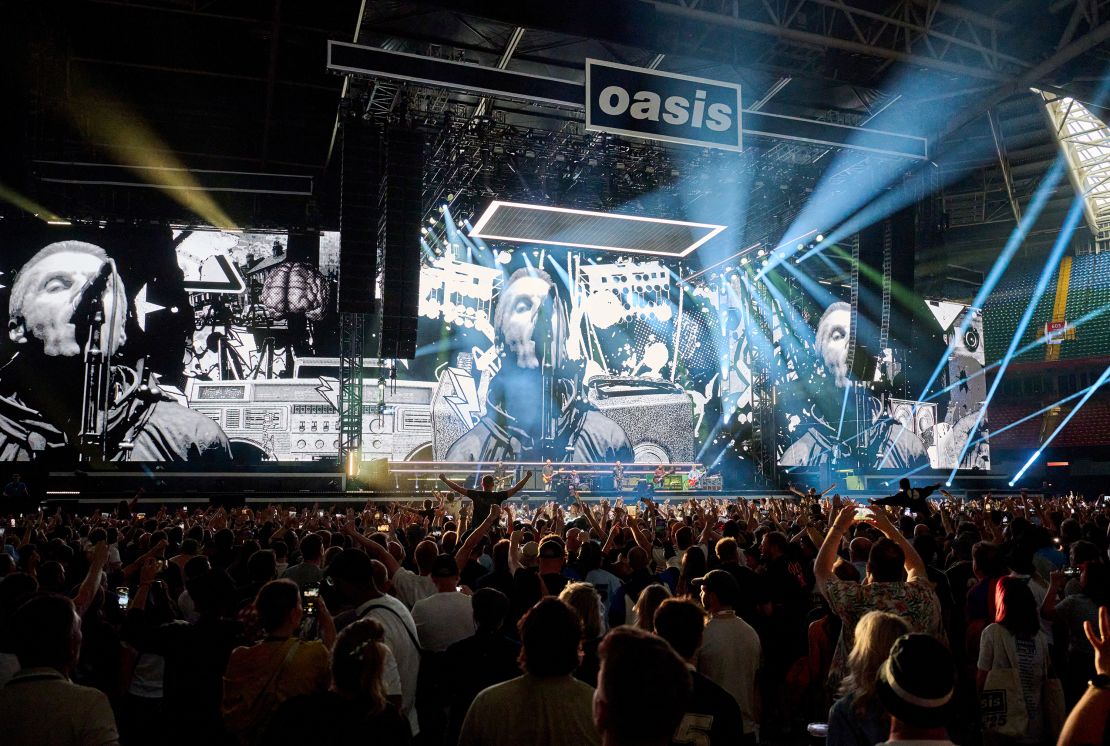 Oasis perform on stage during the opening night of their Live 25' Tour at Principality Stadium on July 04, 2025 in Cardiff, Wales.