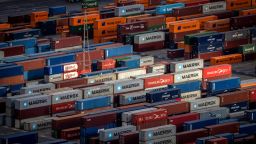 Stacked shipping containers in the commercial port of Barcelona, Spain, on Monday, July 7, 2025. The EU is said to be seeking a preliminary agreement with the US that would allow it to lock in a 10% tariff rate beyond an Aug. 1 deadline.