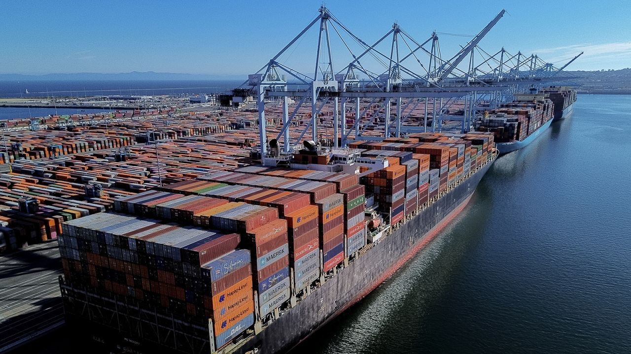 The Seaspan Thames container ship at the APM Maersk Terminal at the Port of Los Angeles in Los Angeles, California, US, on Tuesday, July 8, 2025.
