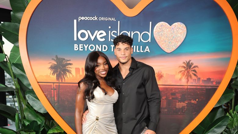 JaNa Craig and Kenny Rodriguez from season 6 of Love Island USA at a Love Island USA x Love Island: Beyond the Villa Event at Harriet's Rooftop at the 1 Hotel on July 9, 2025.