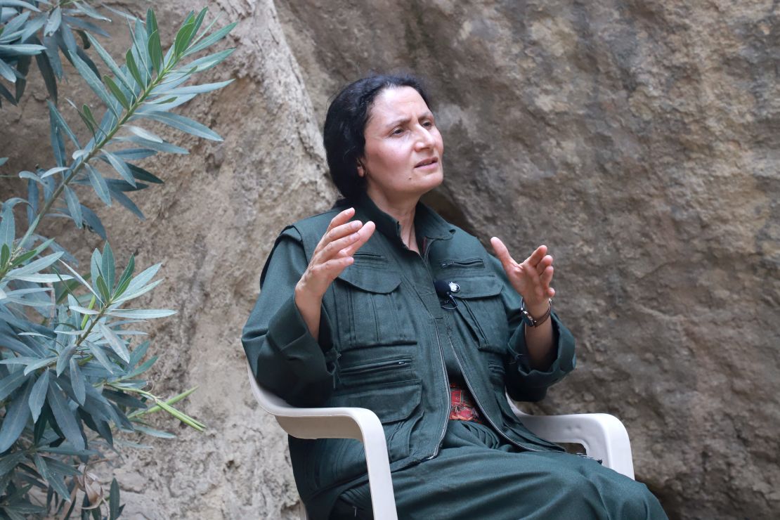 Bese Hozat, the co-chair of the Kurdistan Workers' Party (PKK)'s executive committee, speaks in Sulaimaniyah, in Iraq's autonomous Kurdistan region, on July 11, 2025.