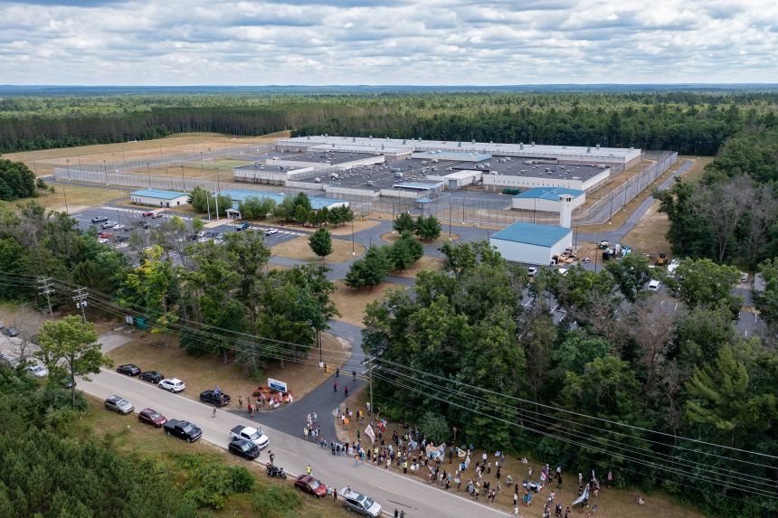 Activists rally against the North Lake Correctional Facility, the largest immigrant detention center in the Midwest, in July. Gómez has been detained at the facility since mid-August.