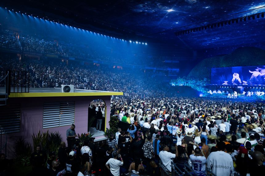 Puerto Rican singer Bad Bunny performs onstage during the first show of his 30-date concert residency on July 11, 2025. The first nine performances were reserved for locals.