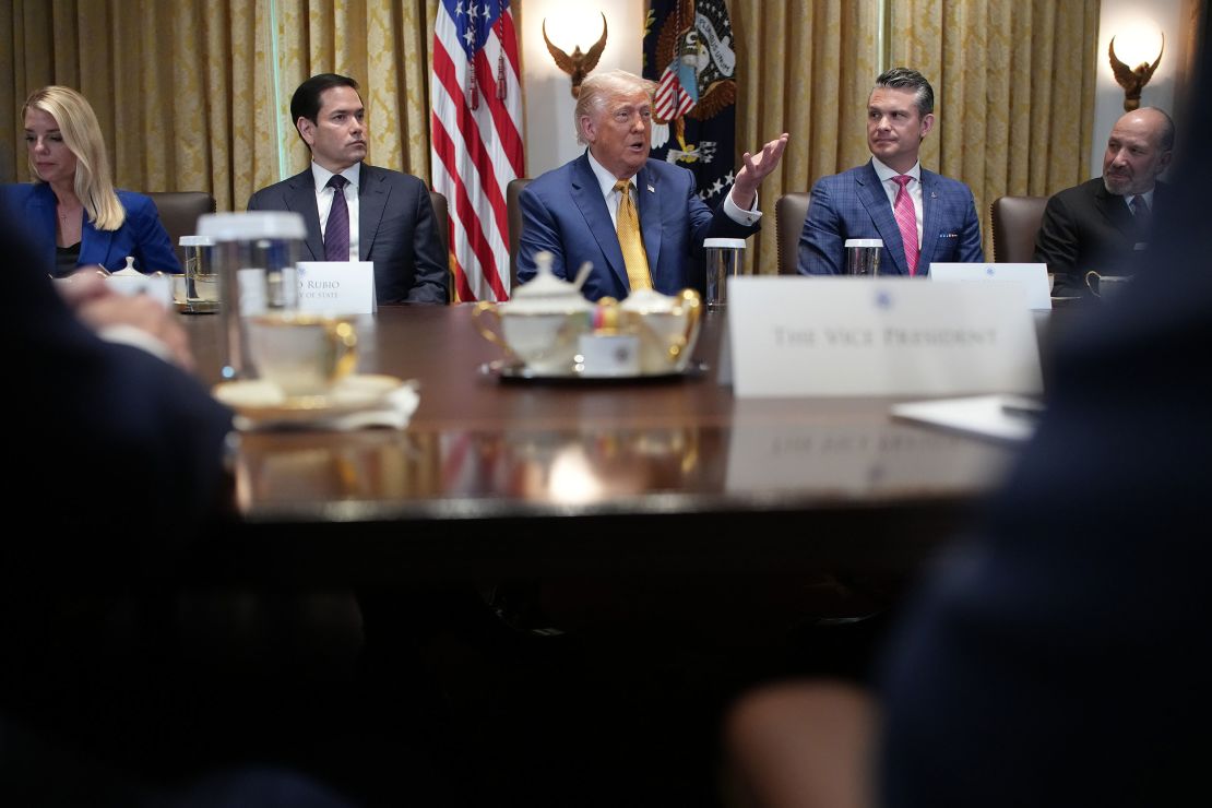President Donald Trump speaks to members of the press during a Cabinet Meeting at the White House on July 8, in Washington, DC.