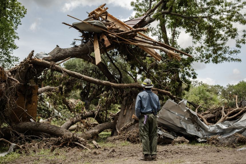 A member of a fire crew assess how to remove debris from a tree during continued search and recovery operations on the bank of the Guadalupe River in Ingram, Texas, on July 12.