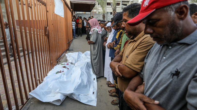 Bodies of Palestinians are brought to Nasser hospital following Israeli attack on tents for displaced Palestinians in Khan Yunis, Gaza on July 13, 2025.