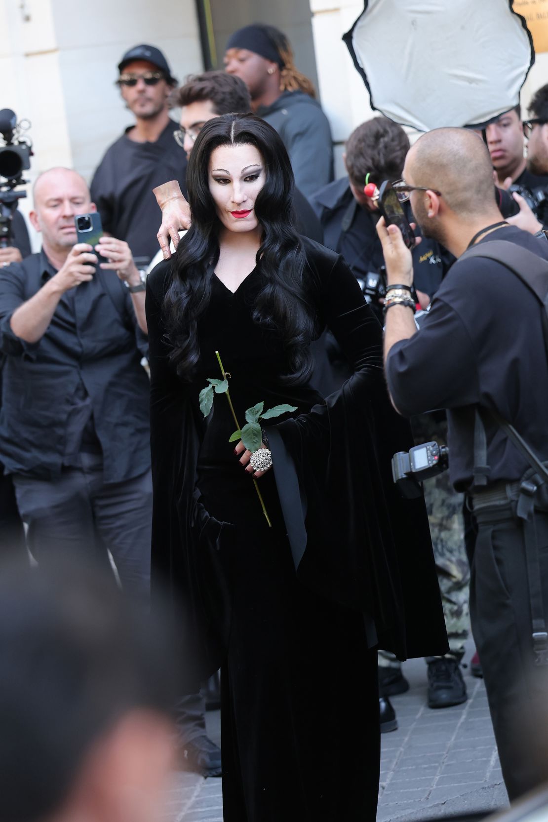 Stone, in the guise of Morticia Addams, attended Balenciaga's Haute Couture show as part of Paris Fashion Week on July 09, 2025 in Paris.
