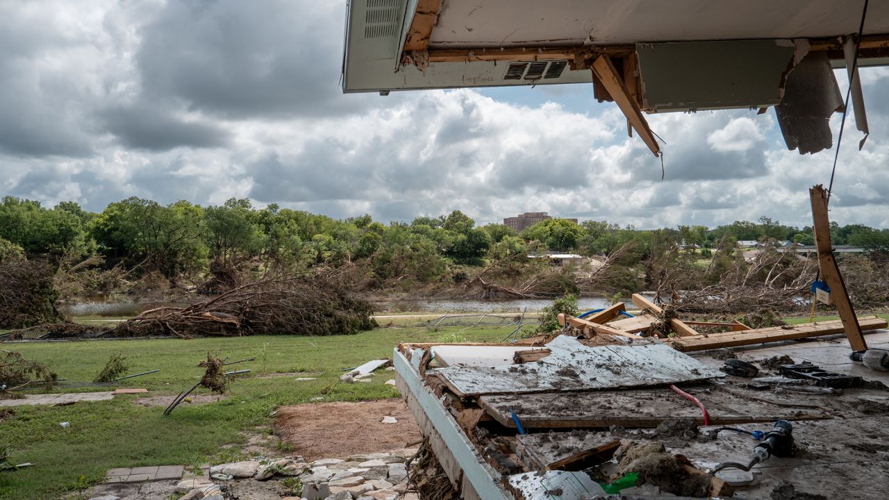 What remains of the backside of a home is seen after flooding on the banks of the Guadalupe River on July 09, 2025 in Kerrville, Texas. Last Friday, heavy rainfall caused severe flash flooding throughout the hill country and various cities along the Guadalupe River.