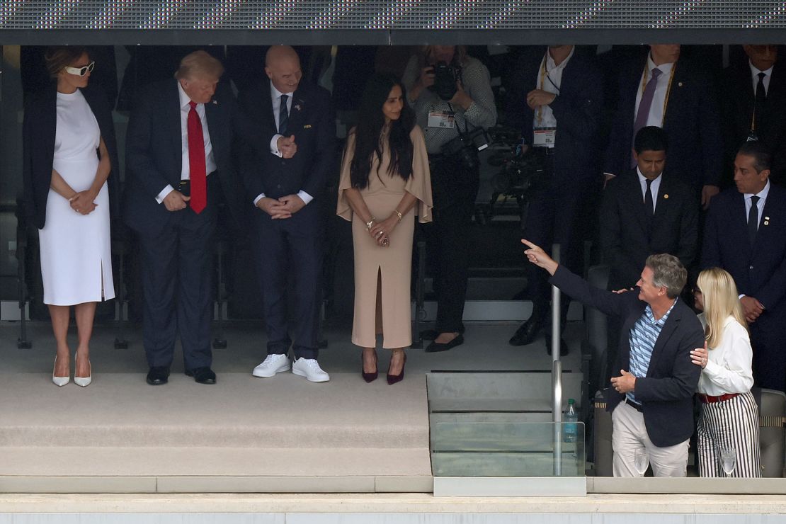 President Donald Trump gives a thumbs-up to Attorney General Pam Bondi at the FIFA Club World Cup 2025 final football match in East Rutherford, New Jersey, on Sunday.