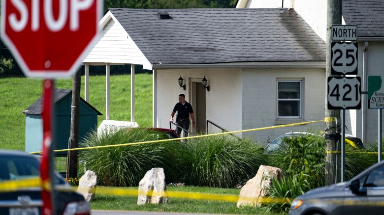 LEXINGTON, KENTUCKY - JULY 13: Police assess the scene after a shooting at Richmond Road Baptist Church on July 13, 2025 in Lexington, Kentucky. Two people were killed and two others injured at the church after the shooter shot and injured a state trooper at the Blue Grass Airport before fleeing and eventually stopping at the Richmond Road Baptist Church. (Photo by Michael Swensen/Getty Images)