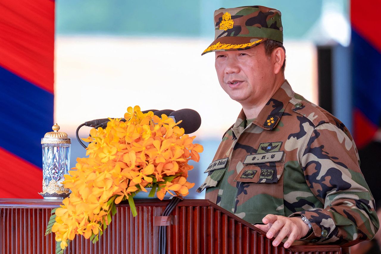 Cambodia's Prime Minister Hun Manet speaks during the 32nd Founding Anniversary of the Royal Gendarmerie at the Royal Gendarmerie Training Centre in Kampong Chhnang province, Cambodia, on July 14.
