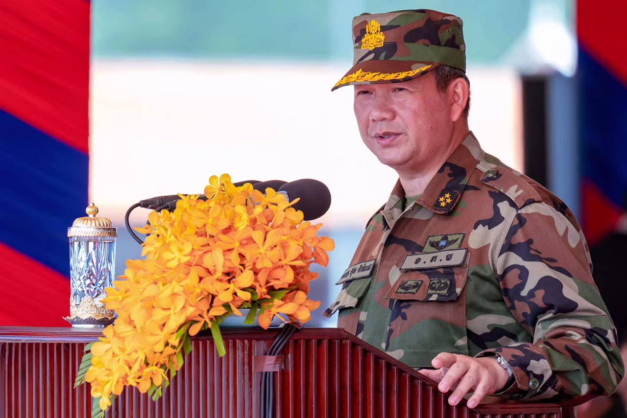 Cambodia's Prime Minister Hun Manet speaks during the 32nd Founding Anniversary of the Royal Gendarmerie at the Royal Gendarmerie Training Centre in Kampong Chhnang province, Cambodia, on July 14.