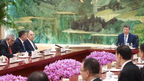 Chinese leader Xi Jinping welcomes foreign ministers from the Shanghai Cooperation Organization member states in Beijing's Great Hall of the People on Tuesday.