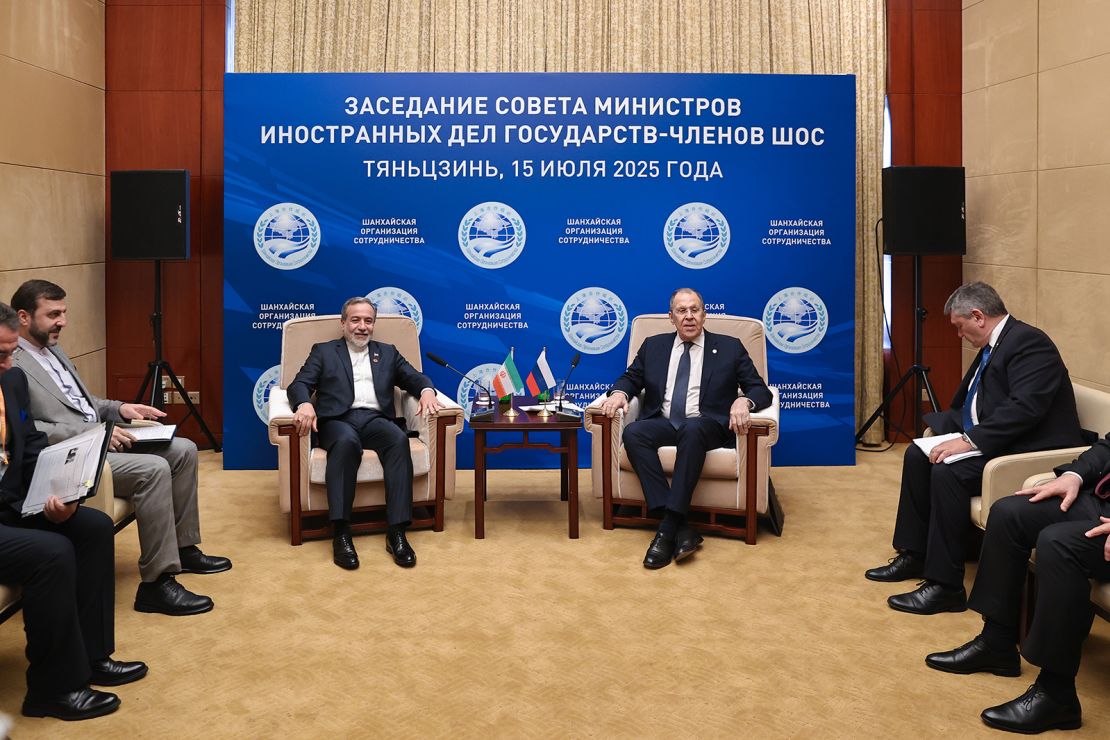 Iran's Minister of Foreign Affairs Abbas Araghchi mets Russian counterpart Sergei Lavrov of a Shanghai Cooperation Organization meeting on July 15 in Tianjin, China.