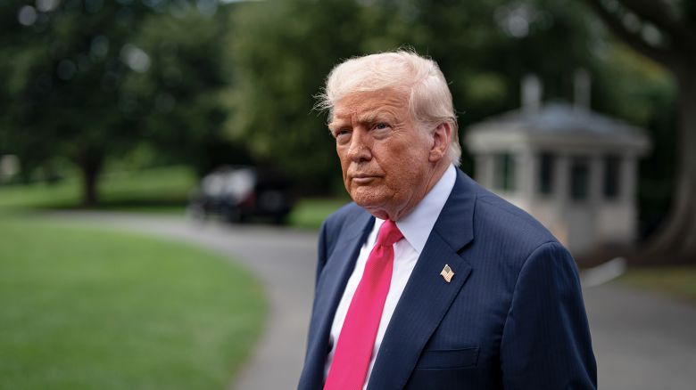 US President Donald Trump speaks to members of the media on the South Lawn of the White House before boarding Marine One in Washington, DC, US, on Tuesday, July 15, 2025.