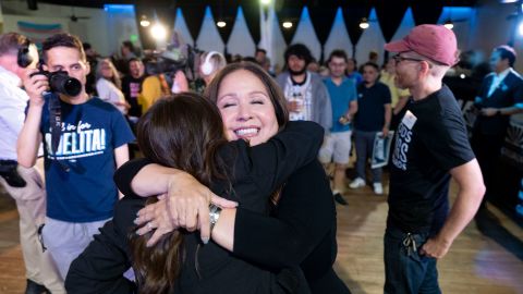 TUCSON, ARIZONA - JULY 15: Democratic U.S. congressional candidate Adelita Grijalva hugs a supporter at a primary election-night party at El Casino Ballroom on July 15, 2025 in South Tucson, Arizona. Grijalva, the Pima County supervisor, is running in a special election held for the state's 7th District seat vacated by the death of her father, longtime U.S. Rep. Raul Grijalva. (Photo by Rebecca Noble/Getty Images)