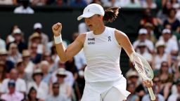 LONDON, ENGLAND - JULY 12: Iga Swiatek of Poland celebrates against Amanda Anisimova of United States during the Ladies' Singles Final on day thirteen of The Championships Wimbledon 2025 at All England Lawn Tennis and Croquet Club on July 12, 2025 in London, England. (Photo by Clive Brunskill/Getty Images)