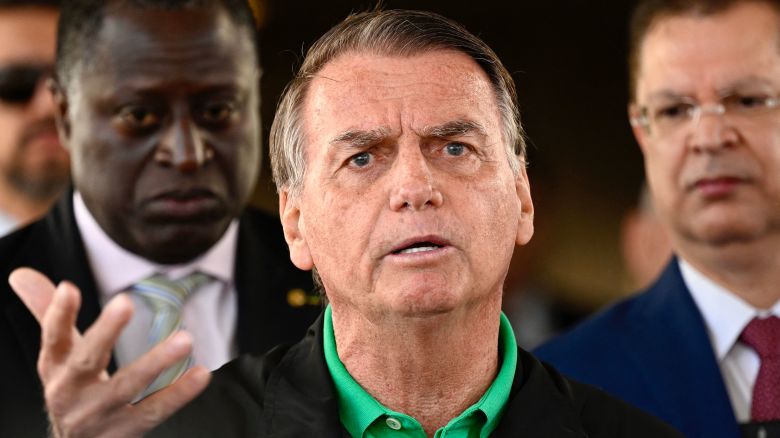 Former Brazilian President Jair Bolsonaro speaks to the press at the Federal Senate in Brasilia on July 17, 2025. A prosecutor asked Brazil's Supreme Court on Tuesday to find Bolsonaro guilty of plotting a coup, in closing arguments after a trial that saw US President Donald Trump try to intervene on behalf of his right-wing ally. (Photo by Mateus Bonomi / AFP) (Photo by MATEUS BONOMI/AFP via Getty Images)          
