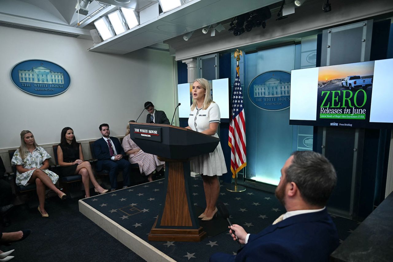 White House Press Secretary Karoline Leavitt speaks during the daily briefing in the Brady Briefing Room of the White House in Washington, DC, on Thursday.