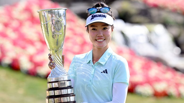 EVIAN-LES-BAINS, FRANCE - JULY 13: Grace Kim of Australia poses for a photograph with The Amundi Evian Championship 2025 trophy following the final round of The Amundi Evian Championship 2025 at Evian Resort Golf Club on July 13, 2025 in Evian-les-Bains, France. (Photo by Stuart Franklin/Getty Images)