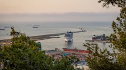 A cruise ship is seen at the Port of Barcelona, one of Europe's largest seaports, on July 18, 2025.