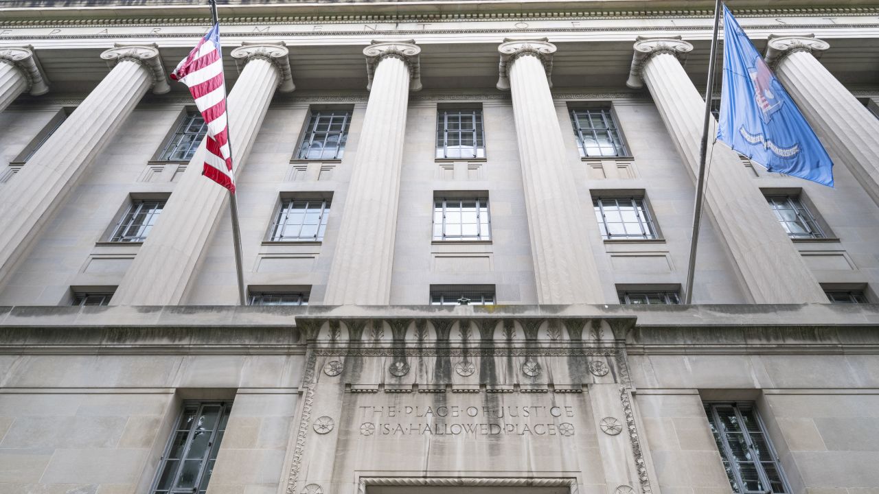 Etchings are seen on the walls near an entrance to the Department of Justice building on July 19, 2025 in Washington, DC.