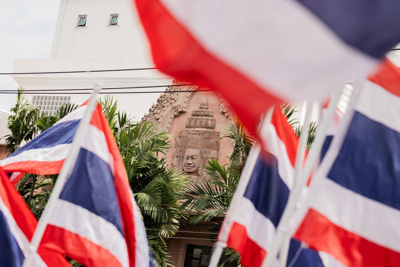 Thai flags wave in front of the Cambodian Embassy during a demonstration over tensions at the Thai-Cambodian border, in Bangkok on Sunday.