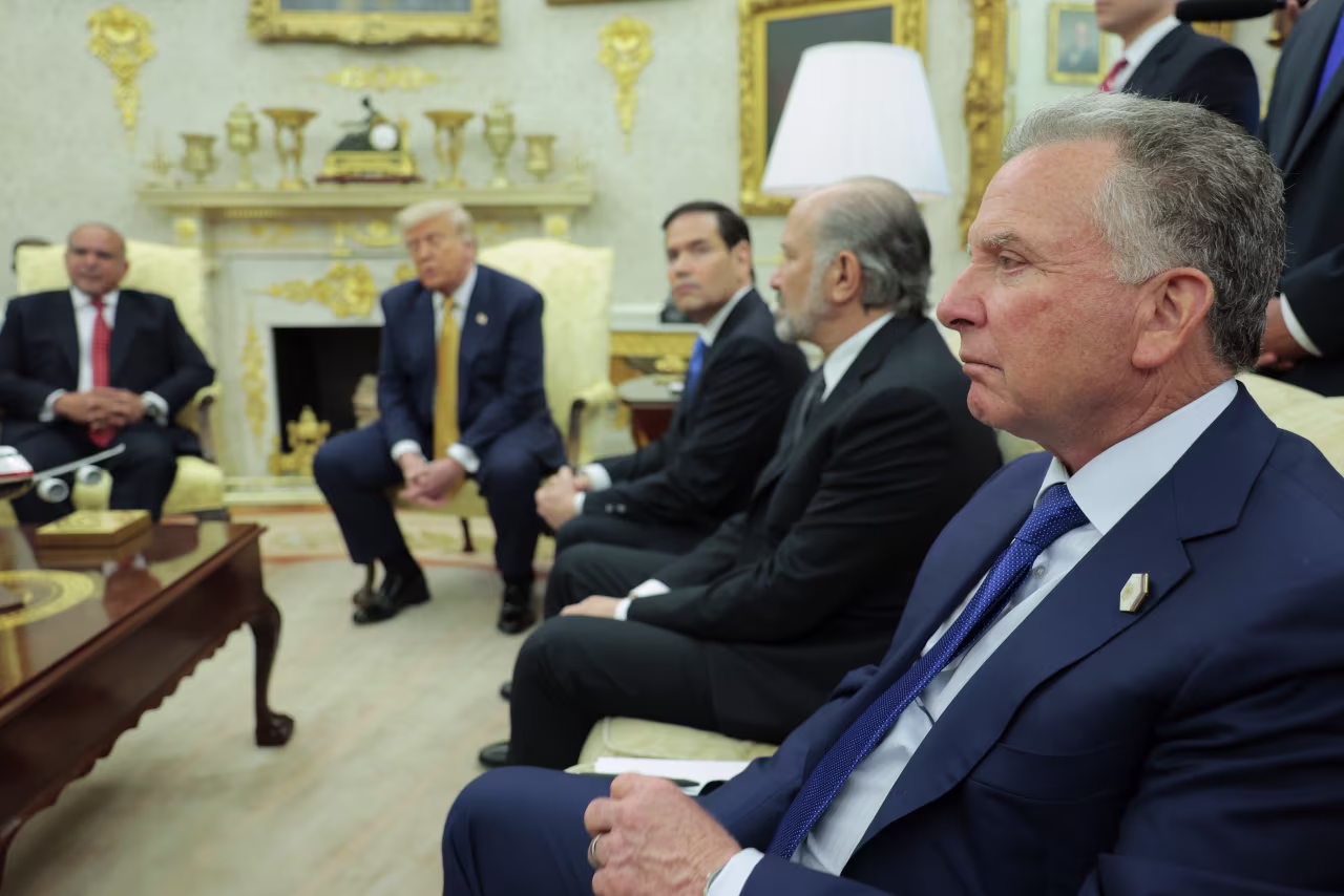 US Special Envoy to the Middle East Steve Witkoff listens as President Donald Trump speaks to reporters during a meeting in the Oval Office on July 16.