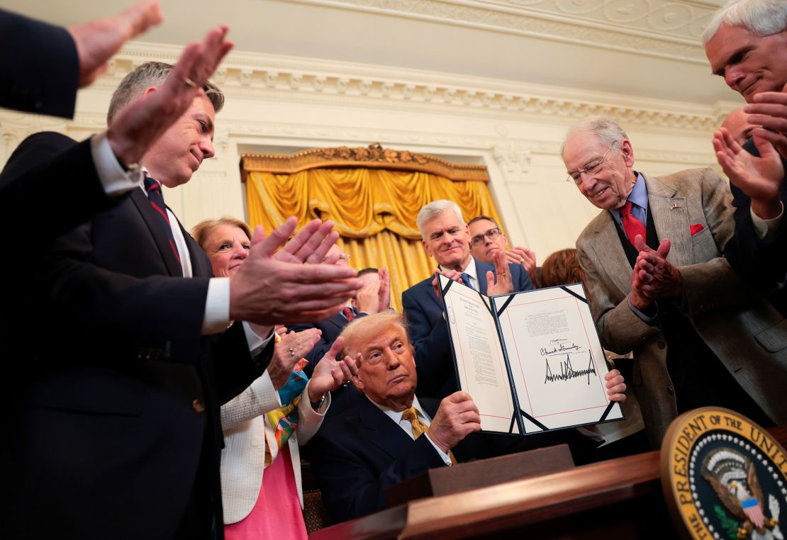 President Donald Trump displays the signed HALT Fentanyl Act during an event in the East Room of the White House in Washington, DC, on Wednesday.